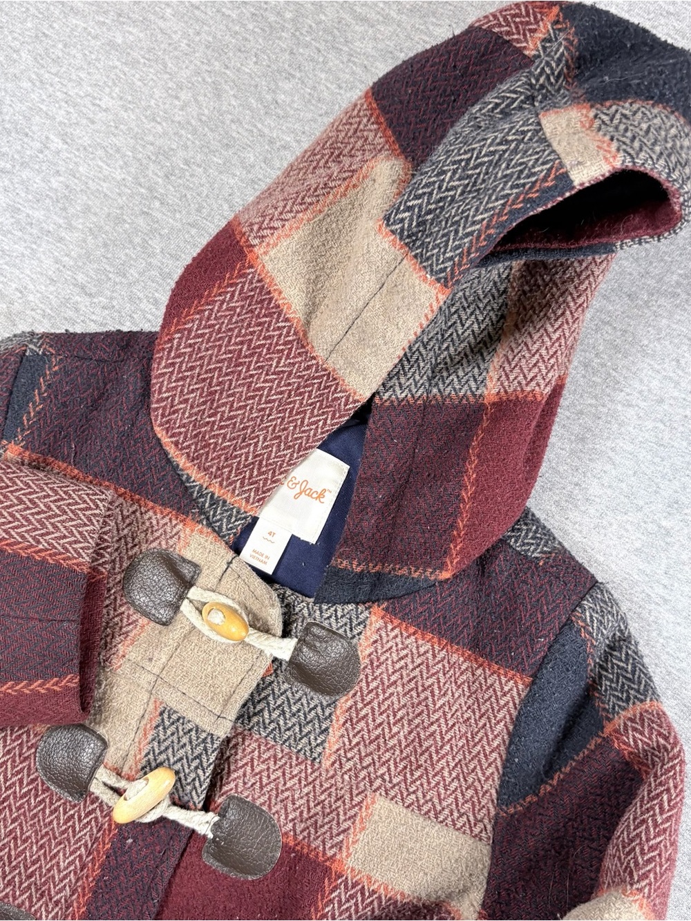 Cat & Jack Size 4T Checkered Plaid Wool Blend Hooded Duffle Coat